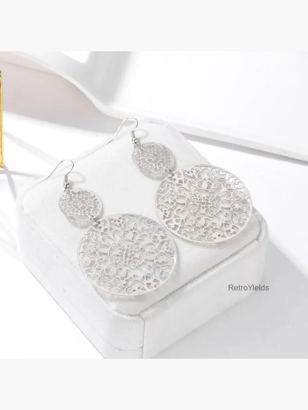 Boho Filigree Geometric Dangle Drop Earrings for Women, Double Round Disc